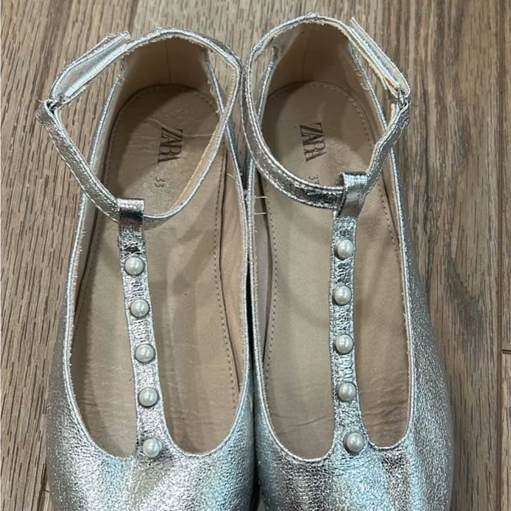Zara Metallic Silver Flats with Pearl Accents